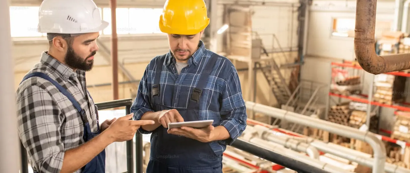 2 workers inside building reviewing safety plans on ipad tablet