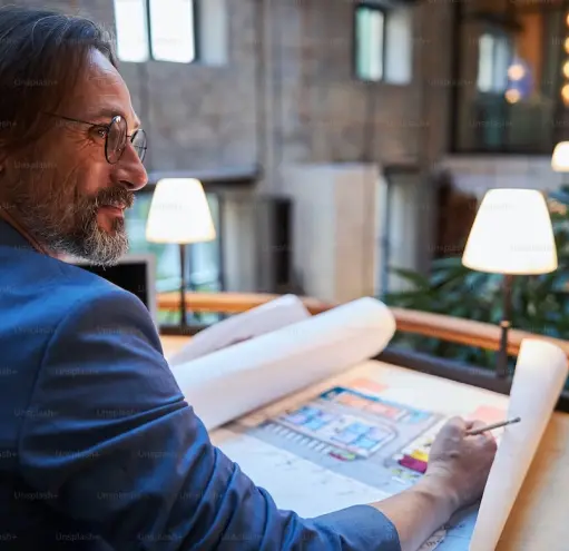 Architect at desk with building plans, layout drawings